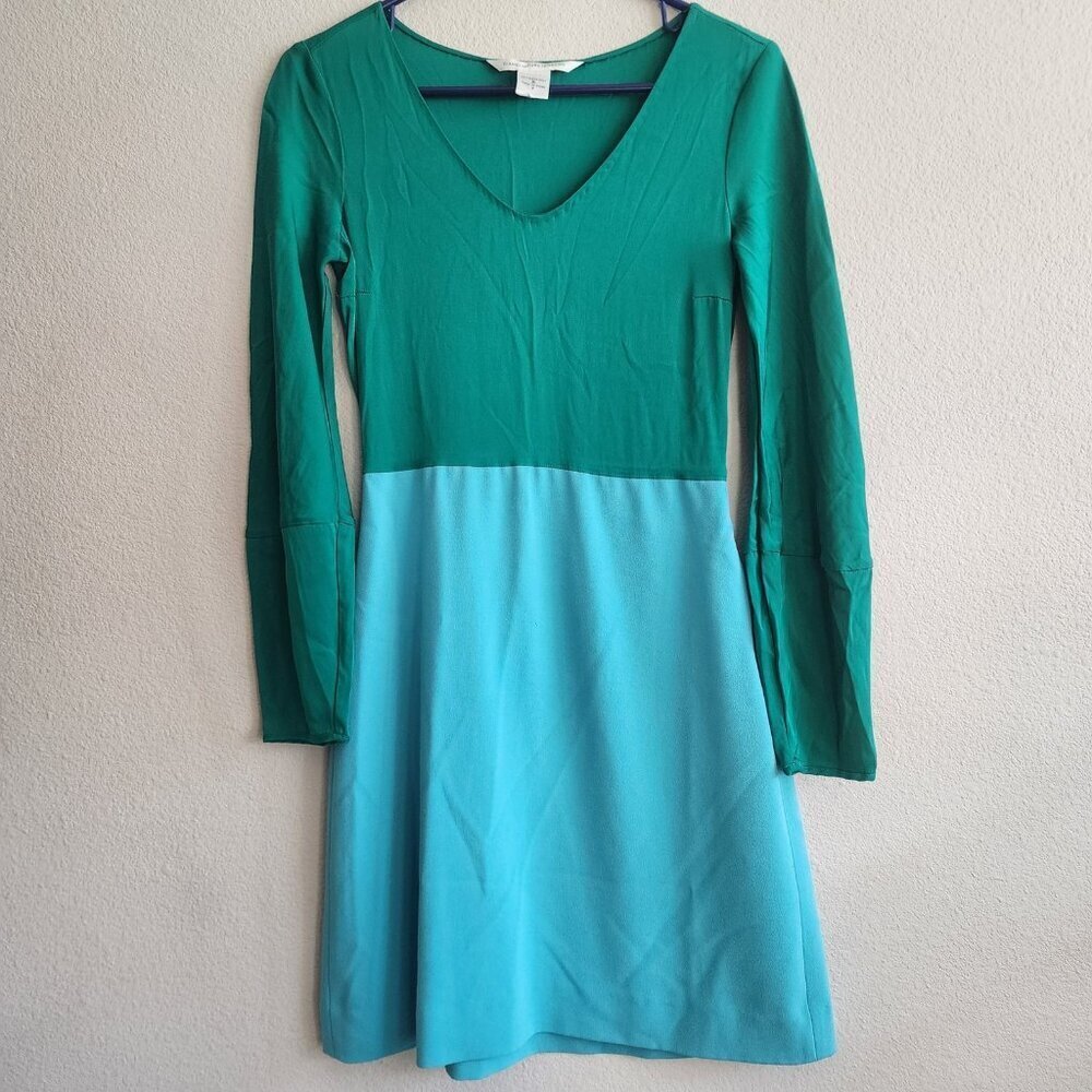 Diane von Furstenberg Dress Womens 2 Green Blue Evelina Long Sleeve Silk Skater